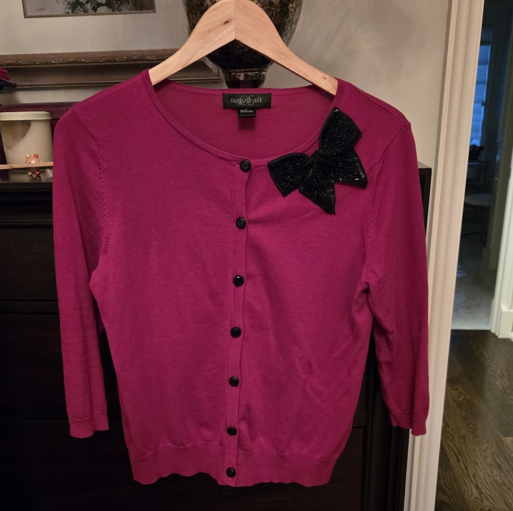 August Silk Cardigan Sweater With Bow Applica, Sz Large, Cranberry Red